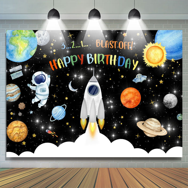 Lofaris 321 Blash Off Space Themed Happy Birthday Backdrop