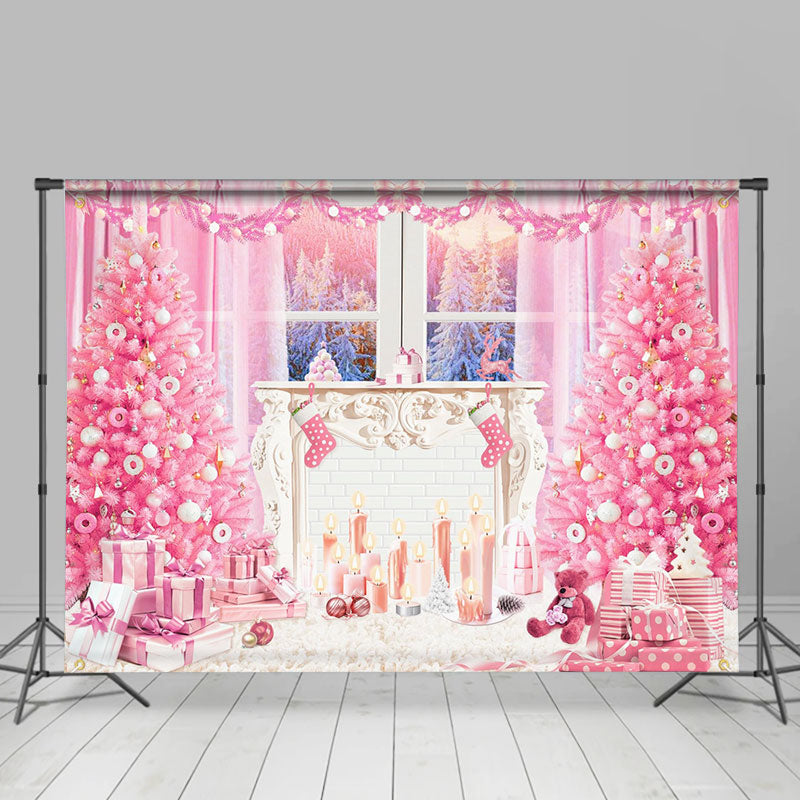 Lofaris Pink Christmas Tree Window Candle Photo Backdrop