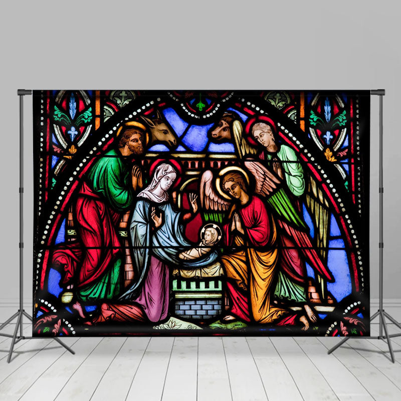 Lofaris Stained Glass Nativity Photo Christmas Backdrop