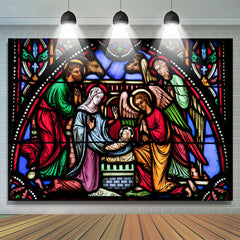 Lofaris Stained Glass Nativity Photo Christmas Backdrop