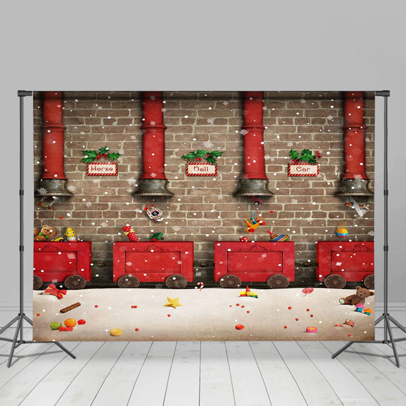 Lofaris Red Train Gifts Brick Wall Christmas Photo Backdrop