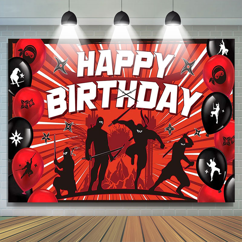 Lofaris Red Ninjas Theme Balloons Happy Birthday Backdrop