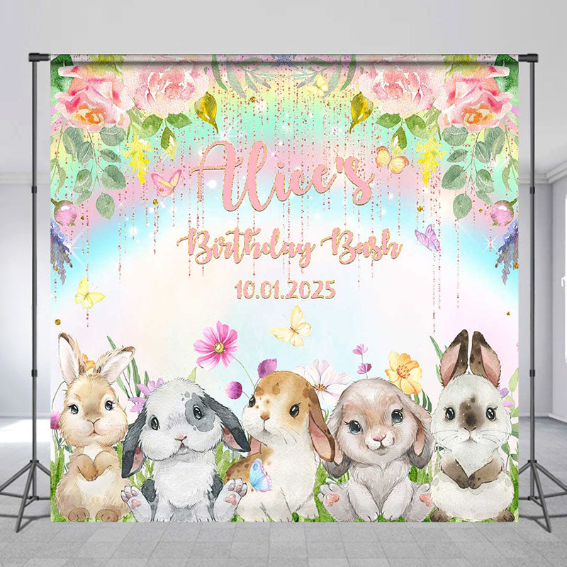 Lofaris Rainbow Flowers Rabbits Custom Birthday Backdrop