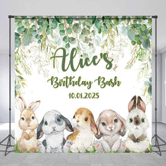 Lofaris Green Leaves Rabbits Custom Name Birthday Backdrop