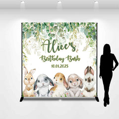 Lofaris Green Leaves Rabbits Custom Name Birthday Backdrop