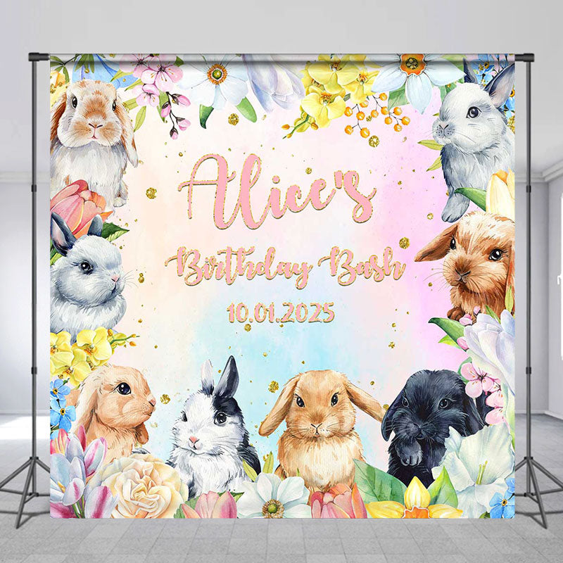 Lofaris Rabbits Candy Color Flowers Custom Birthday Backdrop