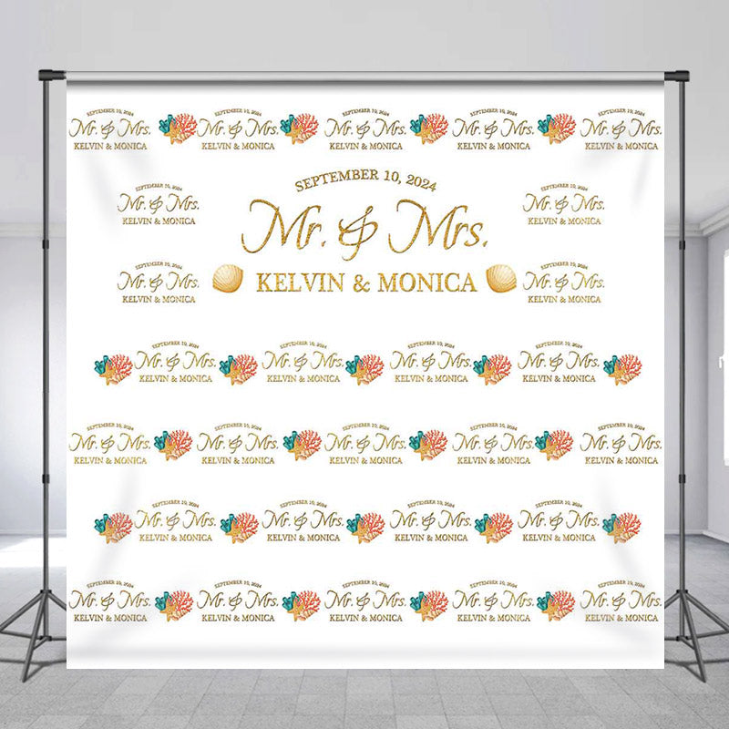 Lofaris Coral Shell Repeat Custom Date Name Wedding Backdrop