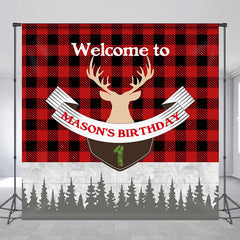 Lofaris Red Scottish Plaid Forest Custom 1st Birthday Backdrop