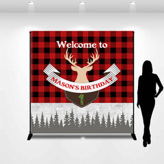 Lofaris Red Scottish Plaid Forest Custom 1st Birthday Backdrop