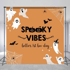 Lofaris Spooky Vibes Cobweb Orange Custom 1st Birthday Backdrop