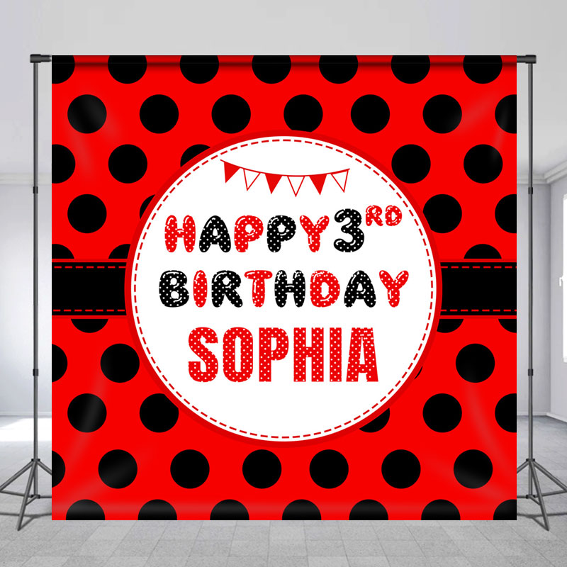 Lofaris Custom Name Black Dots Happy 3rd Birthday Backdrop