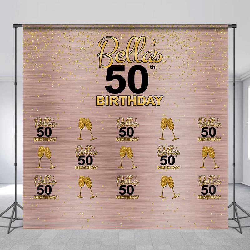 Lofaris Custom Name Gold Pink Goblet 50th Birthday Backdrop