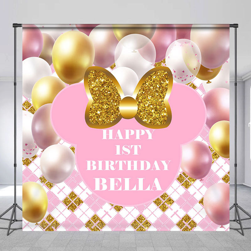 Lofaris Pink Balloon Mouse Custom Name 1st Birthday Backdrop