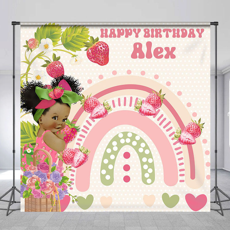 Lofaris Custom Name Rainbow Strawberry Birthday Backdrop