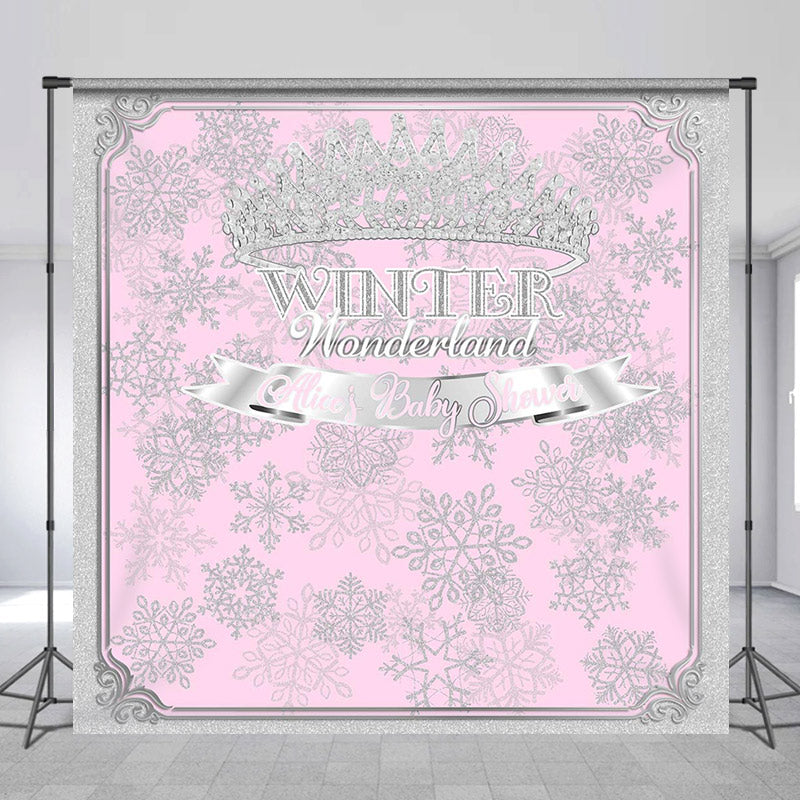 Lofaris Silver Frame Snowflake Pink Custom Baby Shower Backdrop