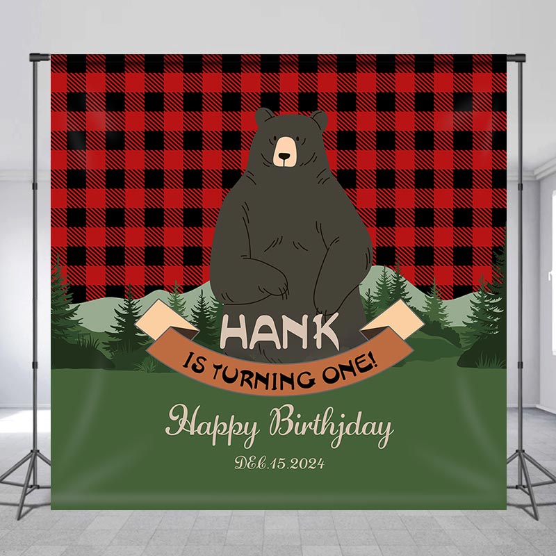 Lofaris Customized Name Red Plaid Bear 1st Birthday Backdrop