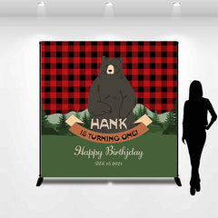 Lofaris Customized Name Red Plaid Bear 1st Birthday Backdrop