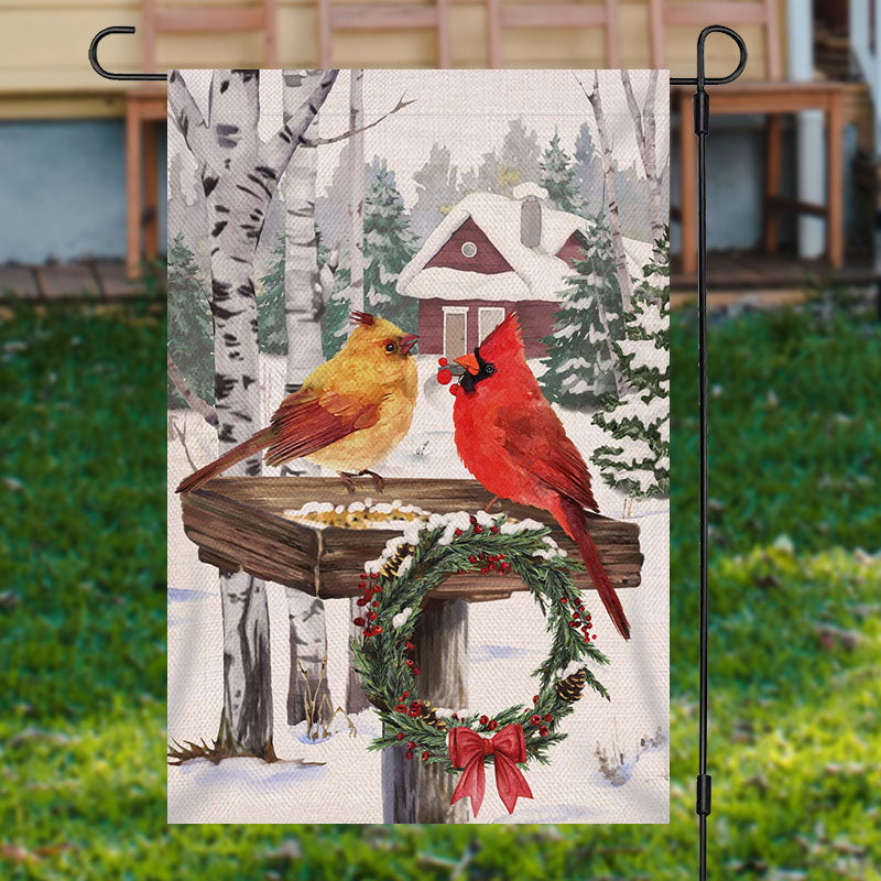 Lofaris Snowy Forest Birds Xmas Wreath Christmas Garden Flag