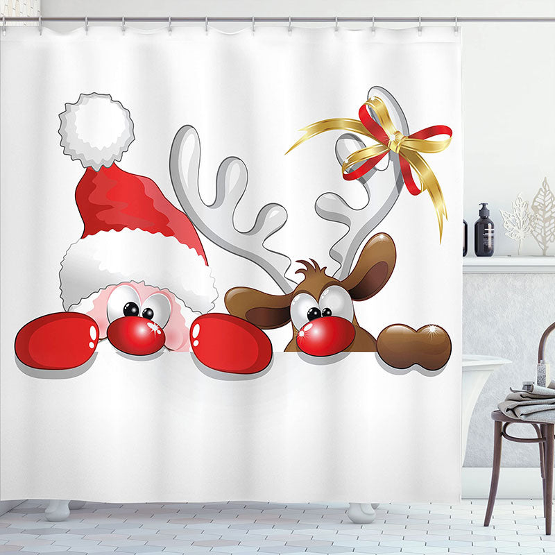 Lofaris Santa And Reindeer White Christmas Shower Curtain