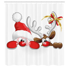 Lofaris Santa And Reindeer White Christmas Shower Curtain