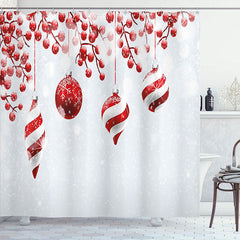 Lofaris White Snowy Red Bauble Christmas Shower Curtain