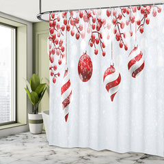 Lofaris White Snowy Red Bauble Christmas Shower Curtain