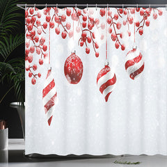 Lofaris White Snowy Red Bauble Christmas Shower Curtain