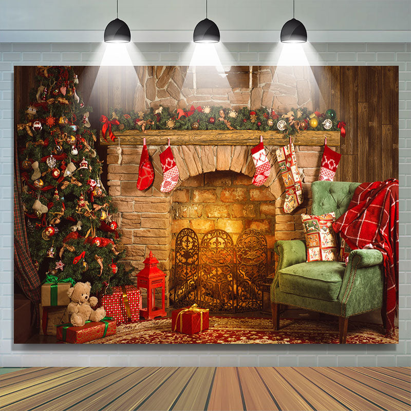 Rustic Fireplace Christmas Tree Portrait Backdrop - Lofaris