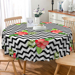 Lofaris Hawaii Black White Line Floral Round Tablecloth