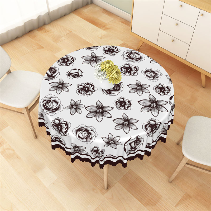 Lofaris Black And White Rose Lily Sweet Round Tablecloth