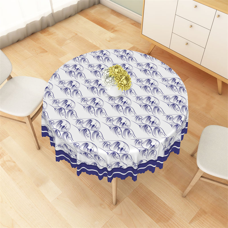 Lofaris Blue White Modern Ocean Wave Round Tablecloth