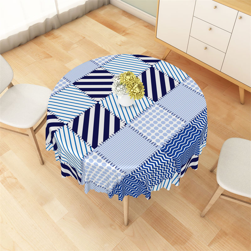 Lofaris Blue White Plaid Pattern Boho Round Tablecloth