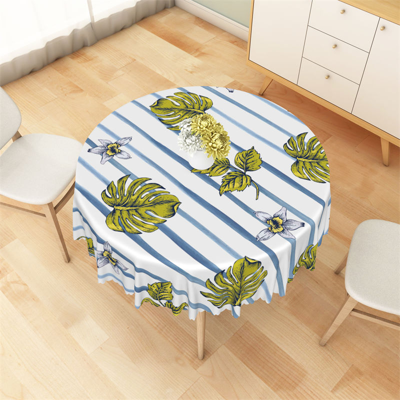 Lofaris Monstera Blue White Stripes Modern Round Tablecloth