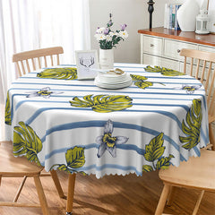 Lofaris Monstera Blue White Stripes Modern Round Tablecloth