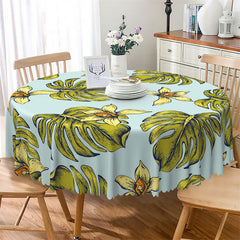 Lofaris Boho Green Monstera Blue Round Tablecloth For Kitchen