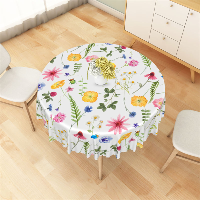 Lofaris Spring Bloom Flowers Grass White Round Tablecloth