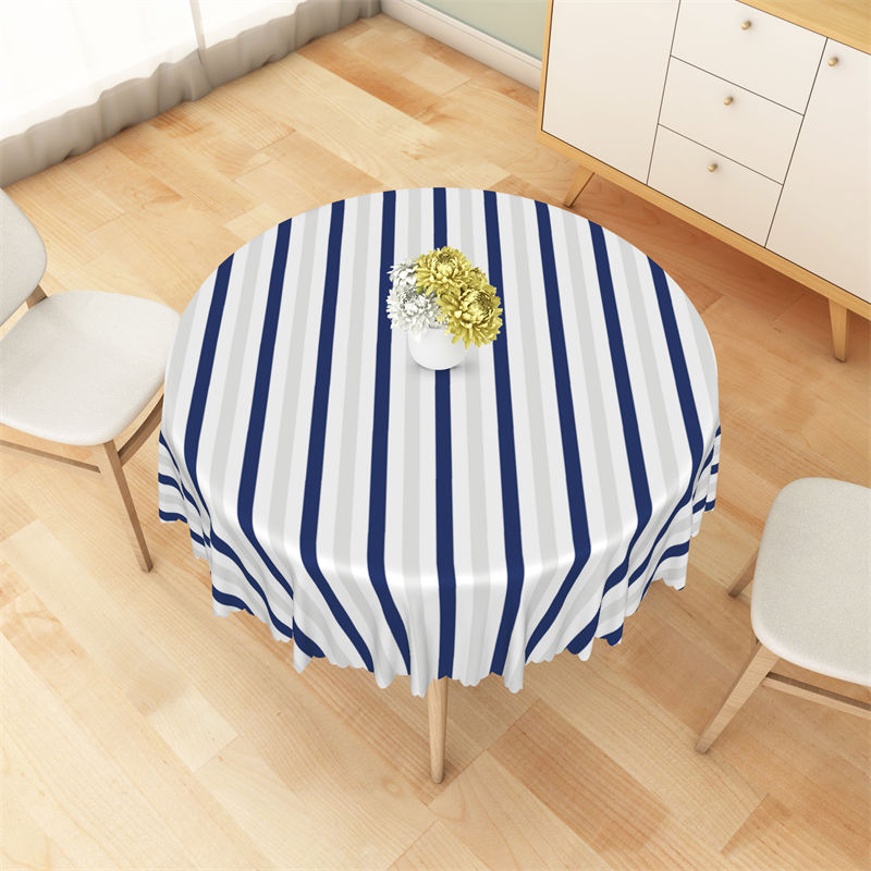 Lofaris Blue White Grey Stripes Sea Theme Round Tablecloth