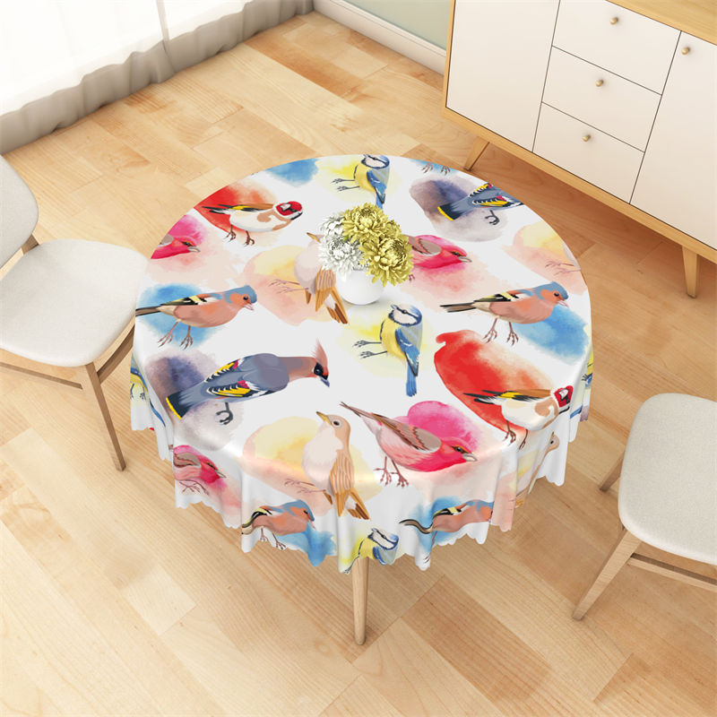 Lofaris Colorful Birds Watercolor White Round Tablecloth