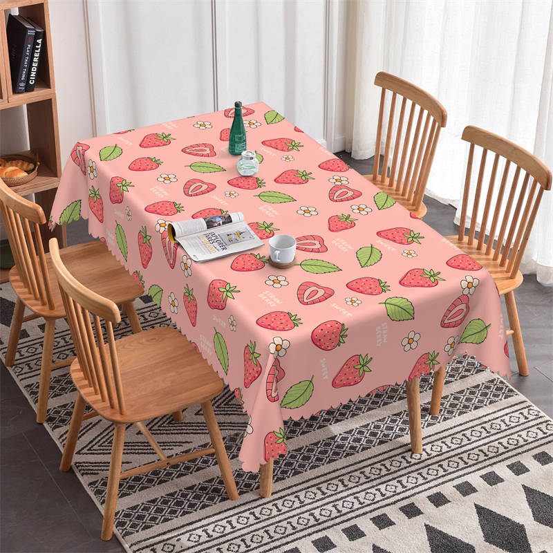 Lofaris Pink Strawberry Green Leaves Rectangle Tablecloth