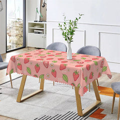 Lofaris Pink Strawberry Green Leaves Rectangle Tablecloth