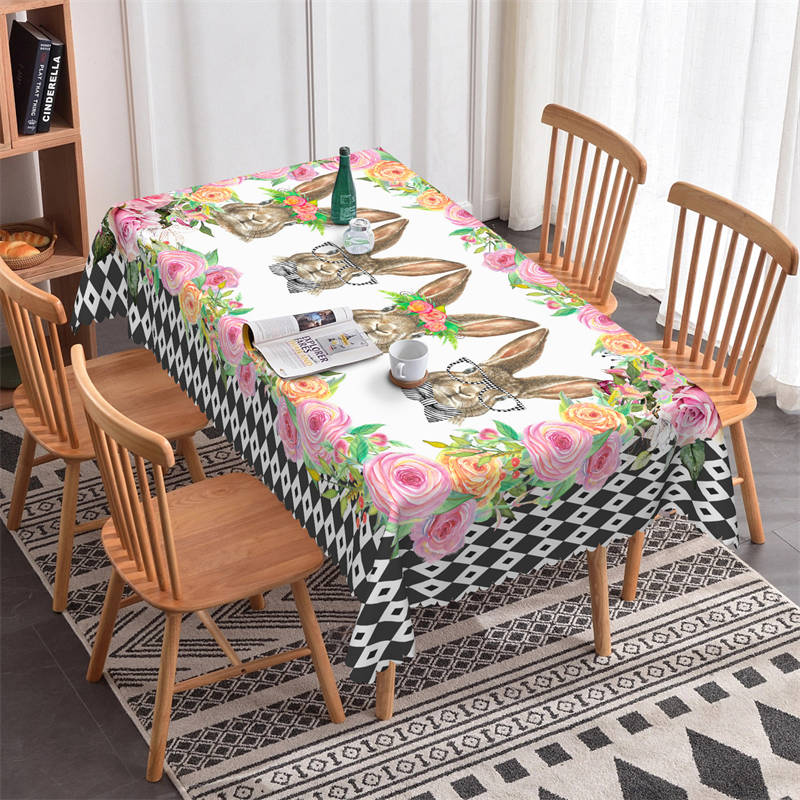 Lofaris Rabit Flowers Black White Pattern Rectangle Tablecloth