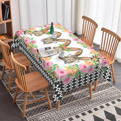 Lofaris Rabit Flowers Black White Pattern Rectangle Tablecloth