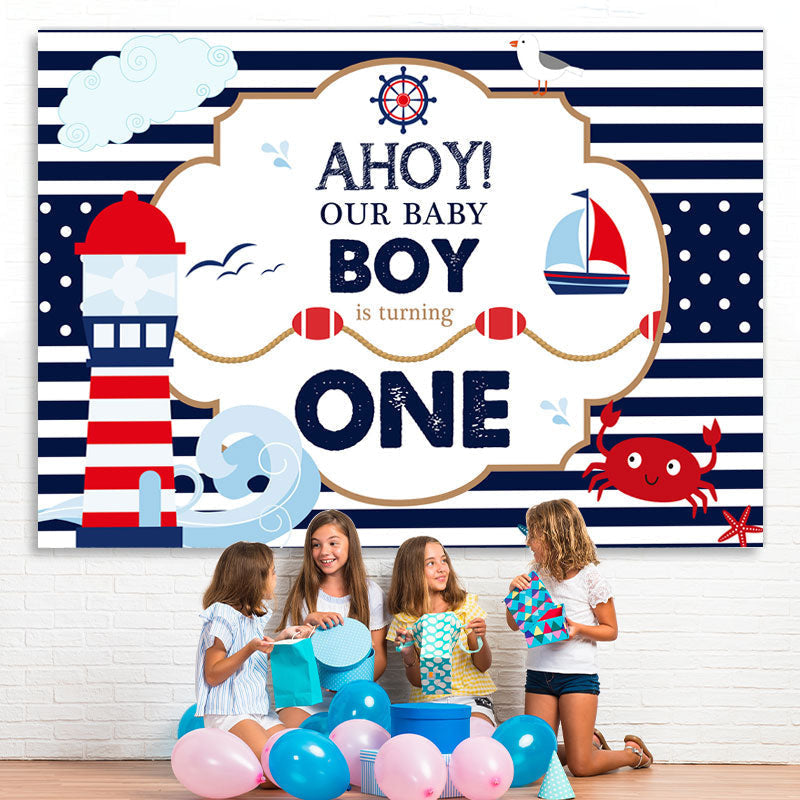 AHOY First birthday backdrop with navy theme for boys