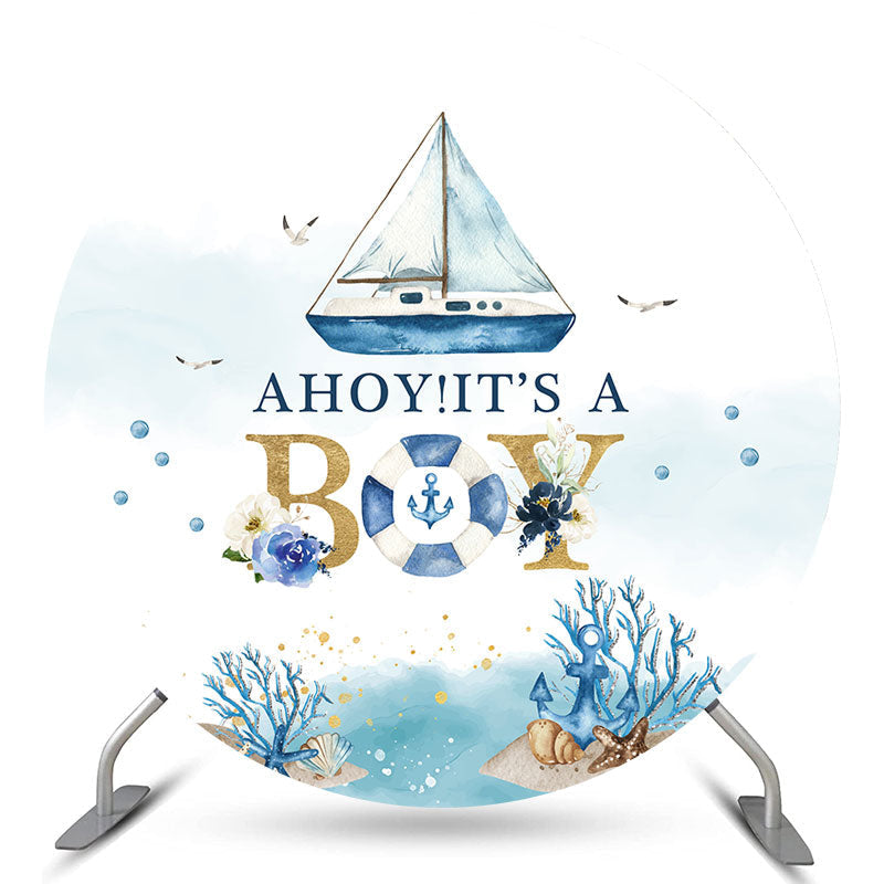 Lofaris Ahoy Its A Boy Blue Sea Ship Round Baby Shower Backdrop