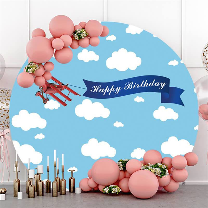 Lofaris Airplane And Blue Sky Round Happy Birthday Backdrop