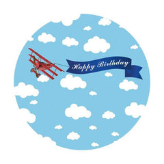 Lofaris Airplane And Blue Sky Round Happy Birthday Backdrop