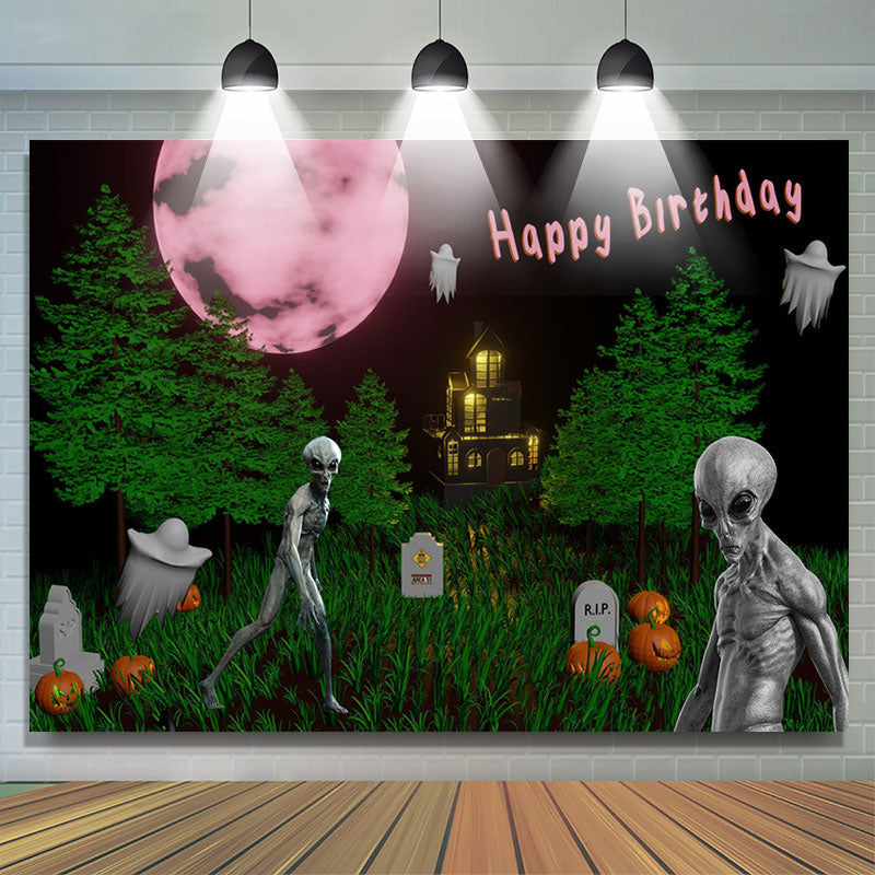 Lofaris Alien Cemetery Halloween Moon Birthday Backdrop