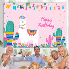 Lofaris Alpaca And Cactus Girls Pink Happy Birthday Backdrop