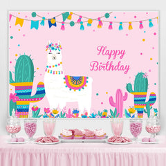 Lofaris Alpaca And Cactus Girls Pink Happy Birthday Backdrop