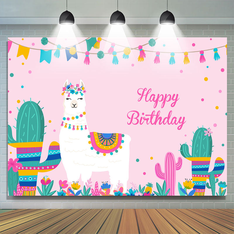 Lofaris Alpaca And Cactus Girls Pink Happy Birthday Backdrop